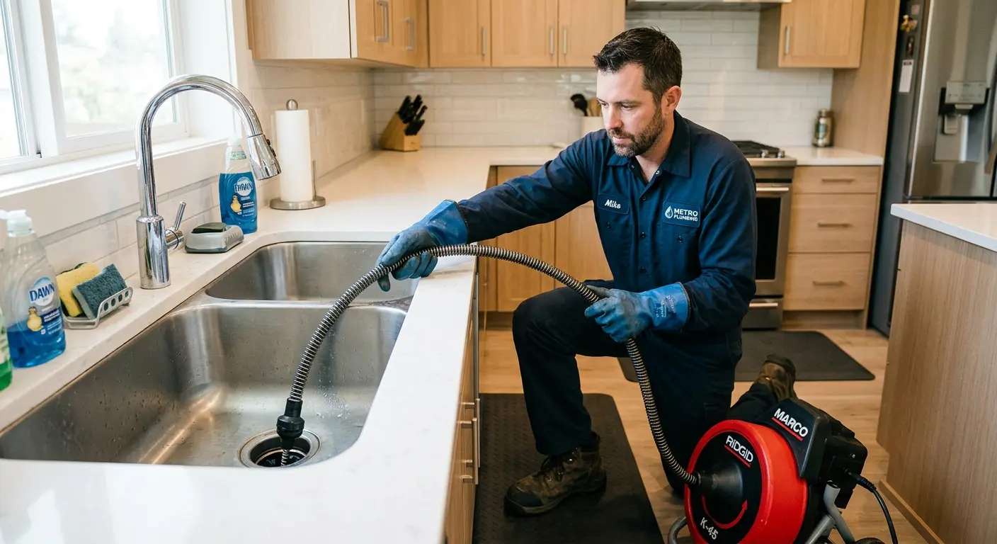 Drain cleaning technician using a motorized snake on a kitchen sink in Marion