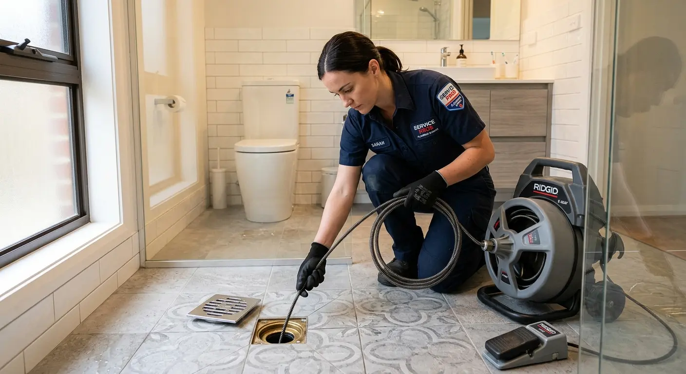 Technician clearing a bathroom floor drain for Drain Repair in Marion